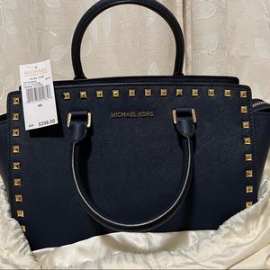 NWT MICHAEL Michael Kors Selma Studded Saffiano Leather Satchel Navy Blue